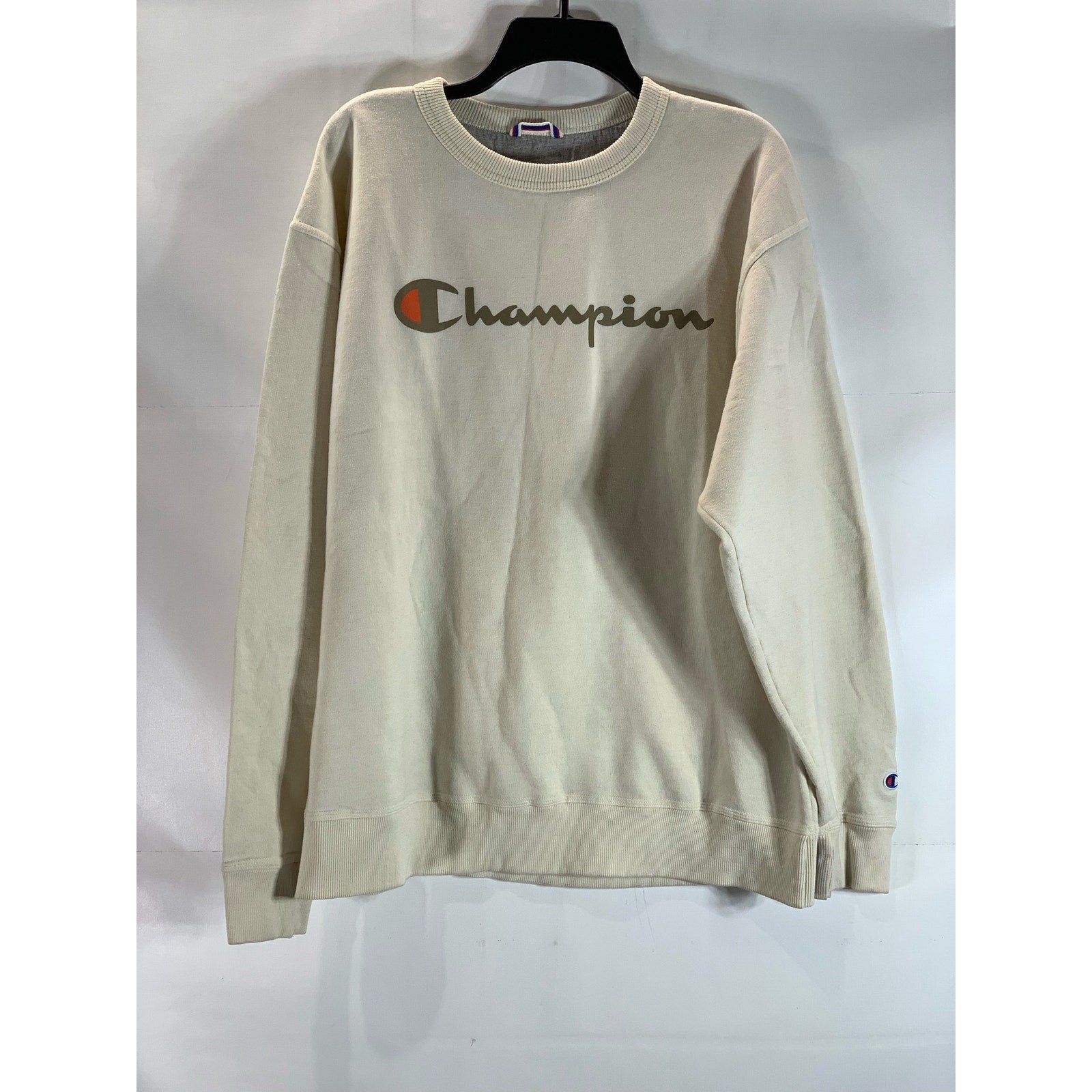 CHAMPION Men's Beige Crewneck Script Logo Powerblend Regular-Fit Sweatshirt SZXL