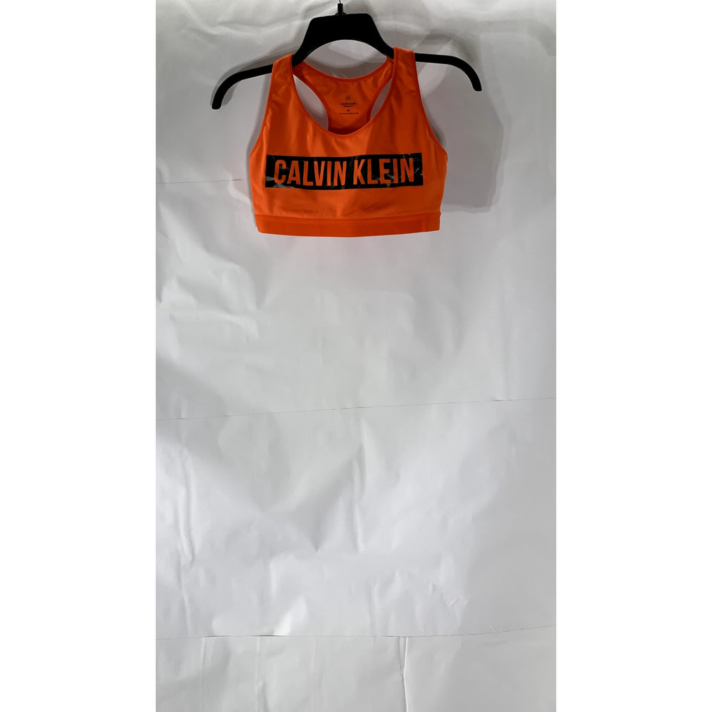 CALVIN KLEIN Women's Orange-Black Logo Scoop-Neck Racerback Sports Bra SZ S