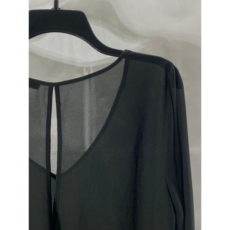 DOUBLE ZERO Women's Black Sheer V-Neck Long Sleeve Studded Lightweight Top SZ L