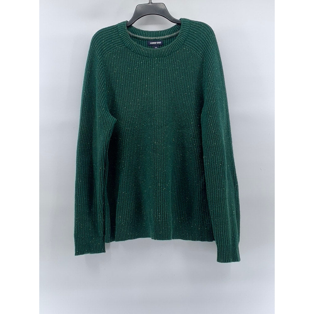 LANDS END Men’s Dark Green Speckle Knit Crewneck Cotton-Wool Blend Sweater SZ XL