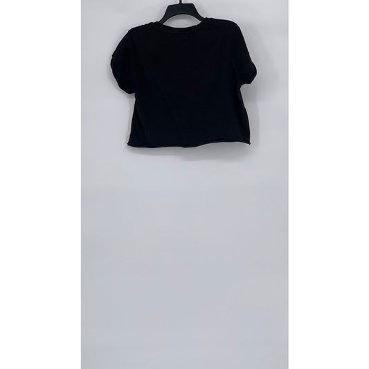 WE THE FREE Women's Black Solid Crewneck Short Rolled Sleeve Cropped Top SZ S