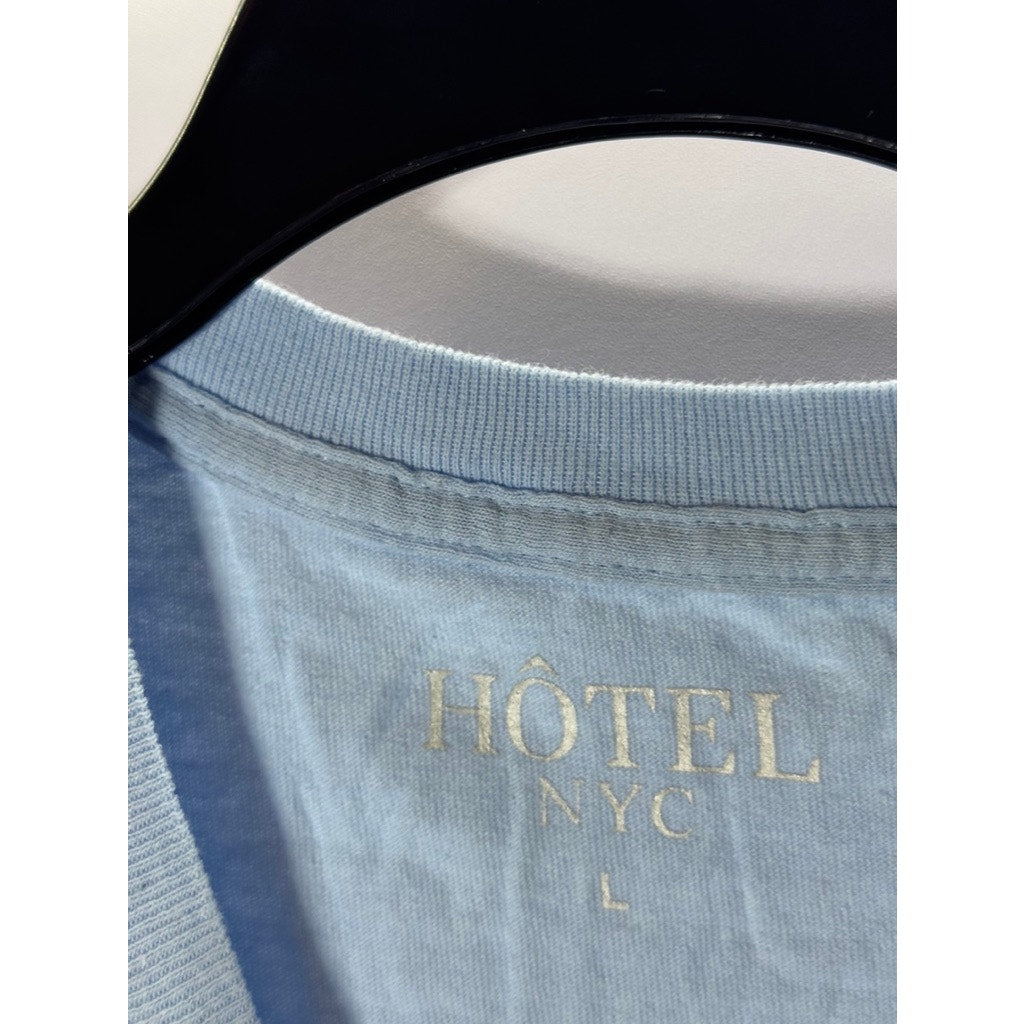 HOTEL NYC Men's Baby Blue Crew Neck Worded Short Sleeve T-Shirt SZ L