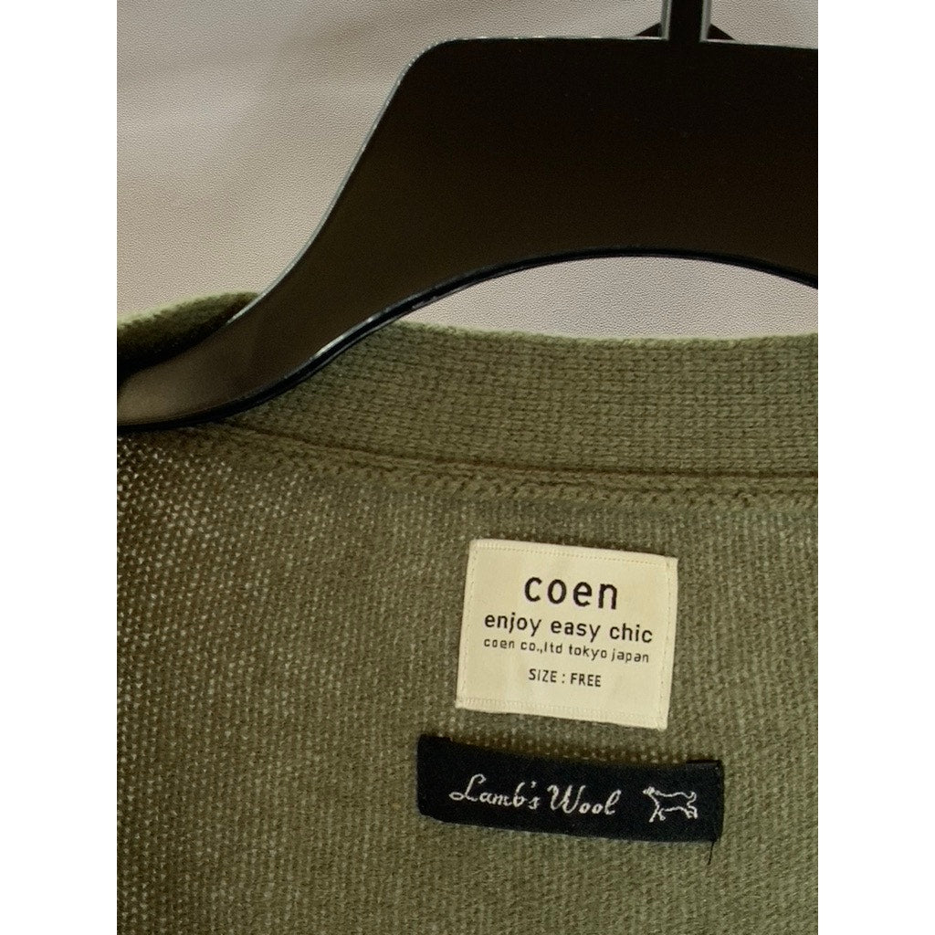 COEN Enjoy Easy Chic Women's Army Green Three-Button Lambswool Cardigan SZ OS