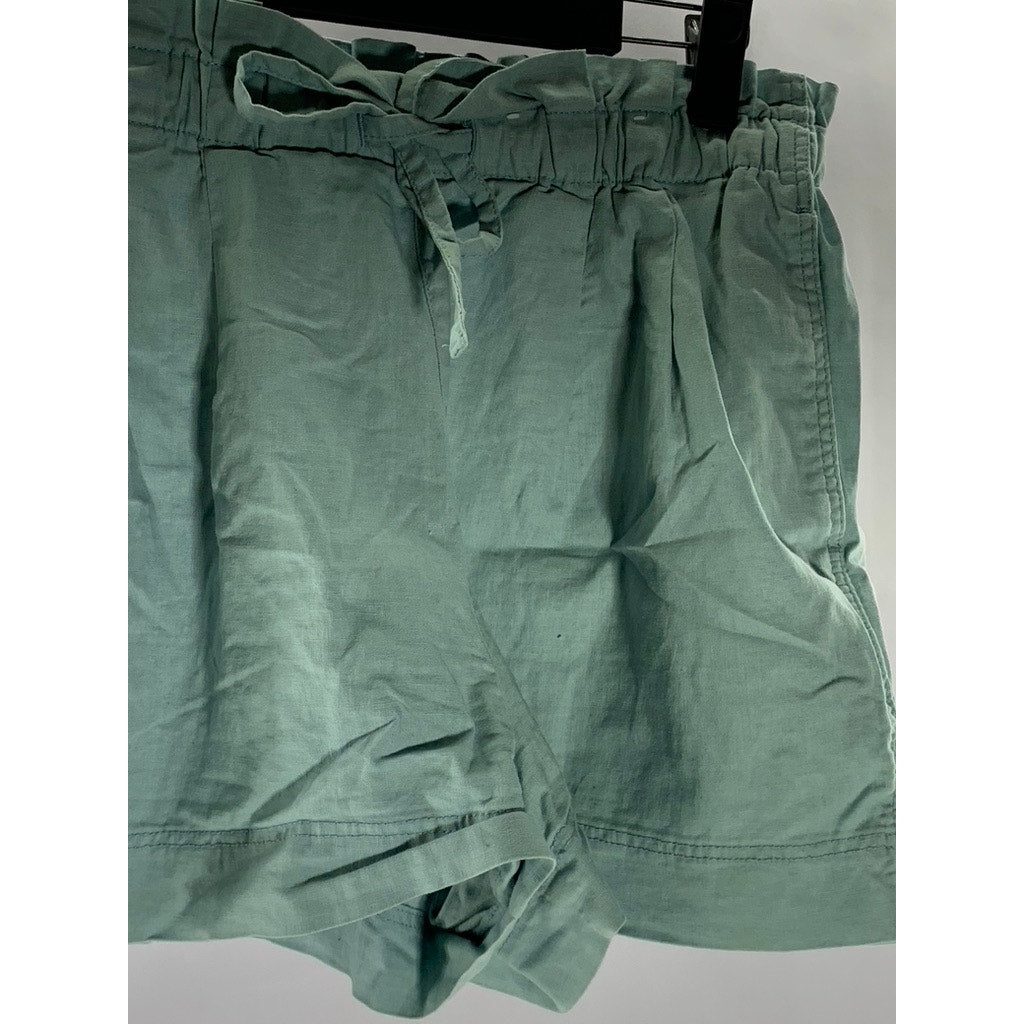 UNIQLO Women's Teal Cotton/Linen Relaxed-Fit Ruffle Drawstring Waist Shorts SZ S
