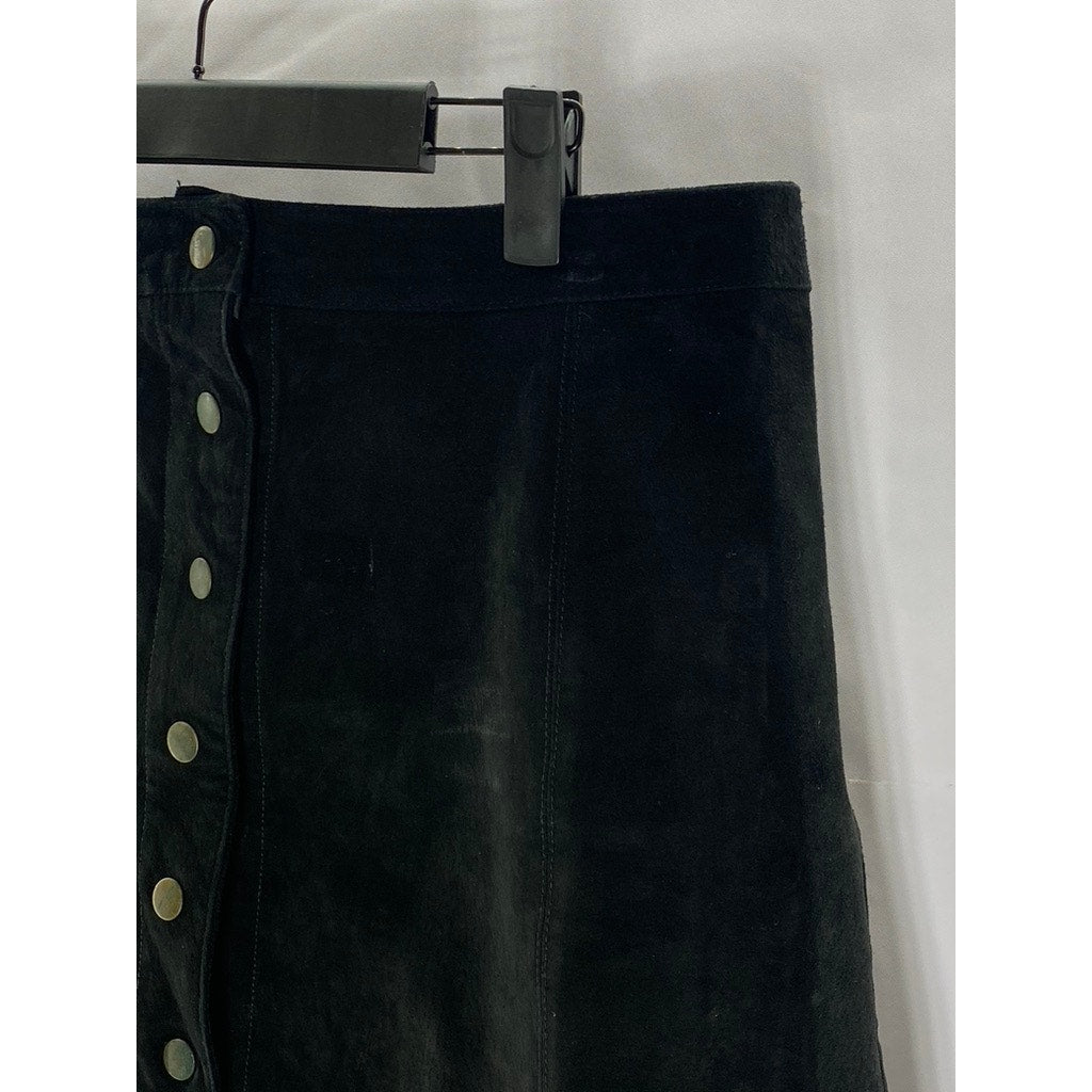 STRADIVARIUS Women's Black Suede Leather Button-Front Mini Skirt SZ L