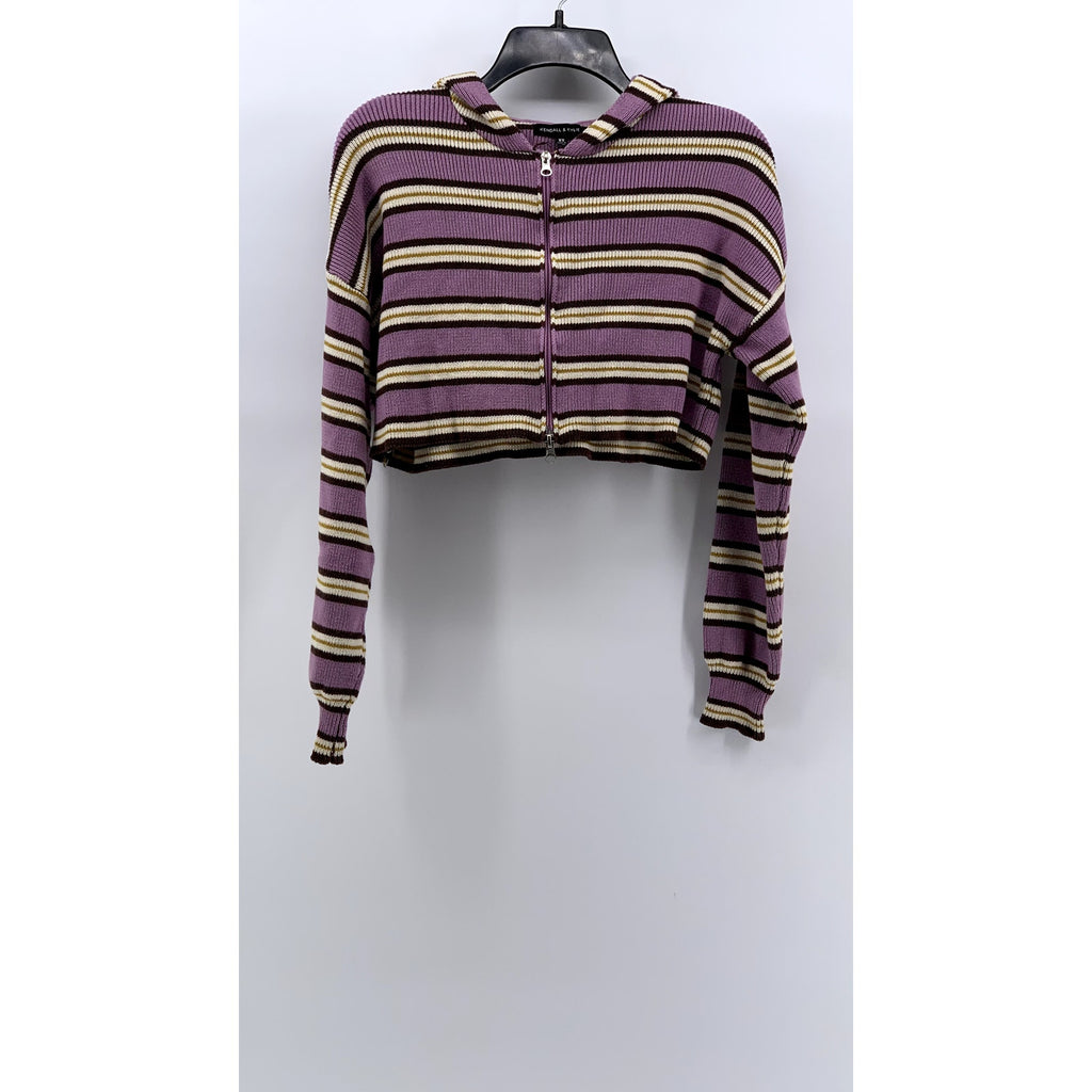 KENDALL & KYLE Women's Pink-Tan Striped Ribbed Hooded Cropped Sweater SZ XS