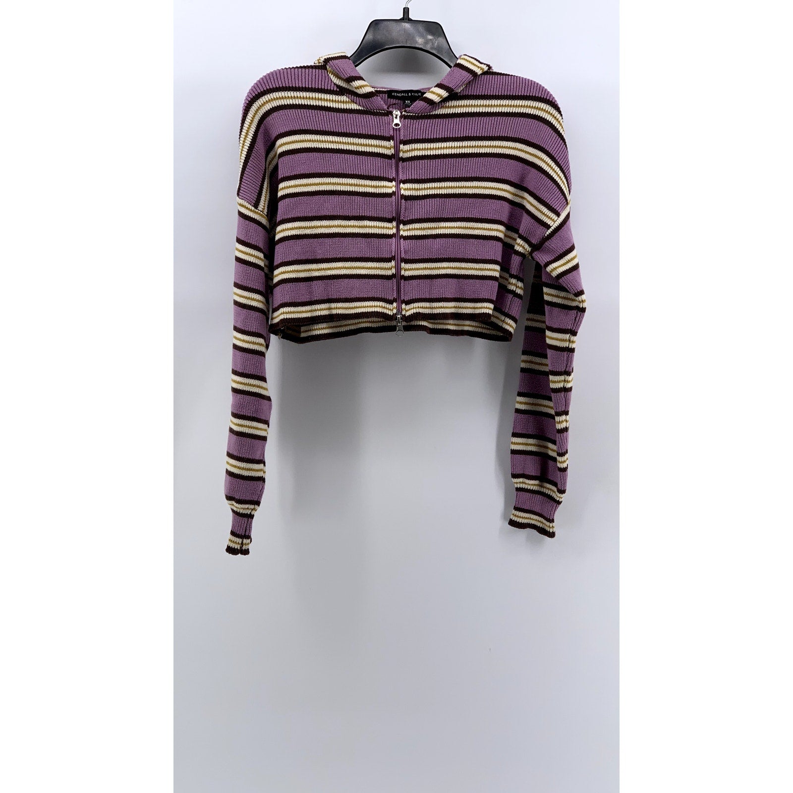 KENDALL & KYLE Women's Pink-Tan Striped Ribbed Hooded Cropped Sweater SZ XS