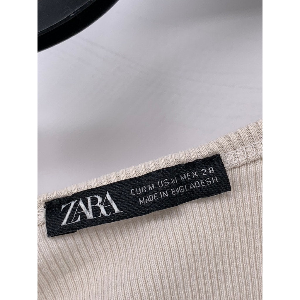 ZARA Women's Beige Ribbed Henley Cropped Tank Top SZ M
