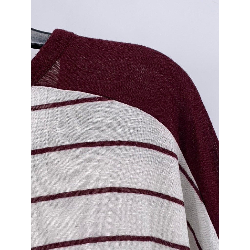 OLD NAVY Women's Burgundy-White Striped Boyfriend Long Sleeve Top SZ M