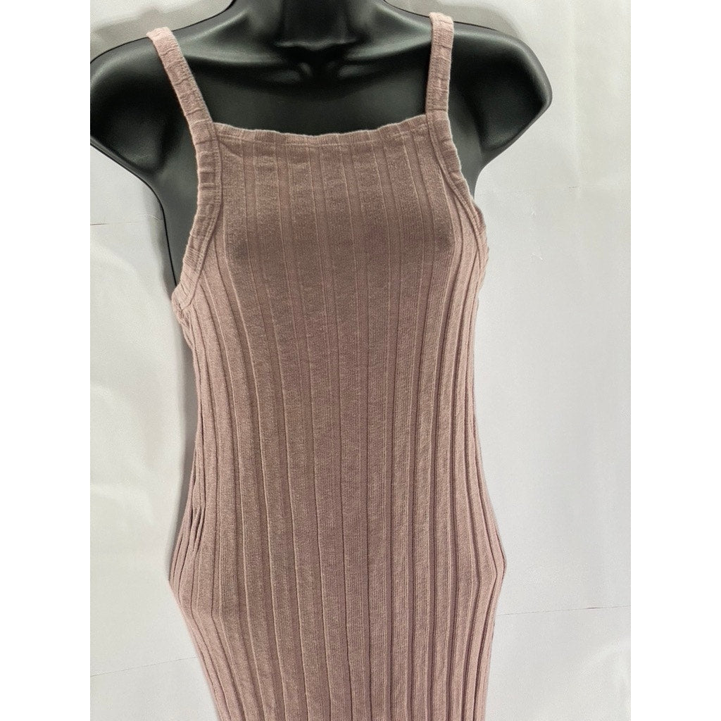 ZARA Women's Taupe Ribbed Straight-Neck Sleeveless Midi Bodycon Halter Dress SZS