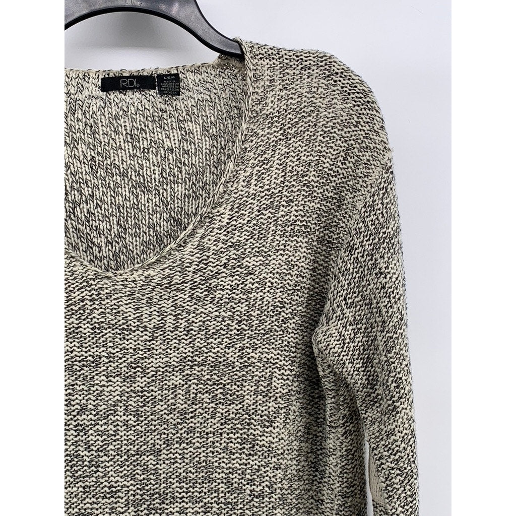 RDI Women's Beige-Black Marled V-Neck Elbow Patch Sweater SZ L