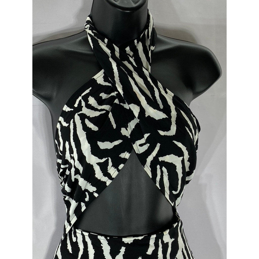 NASTY GAL Women's Black-White Zebra Print Cutout Halter-Neck Maxi Dress SZ 6
