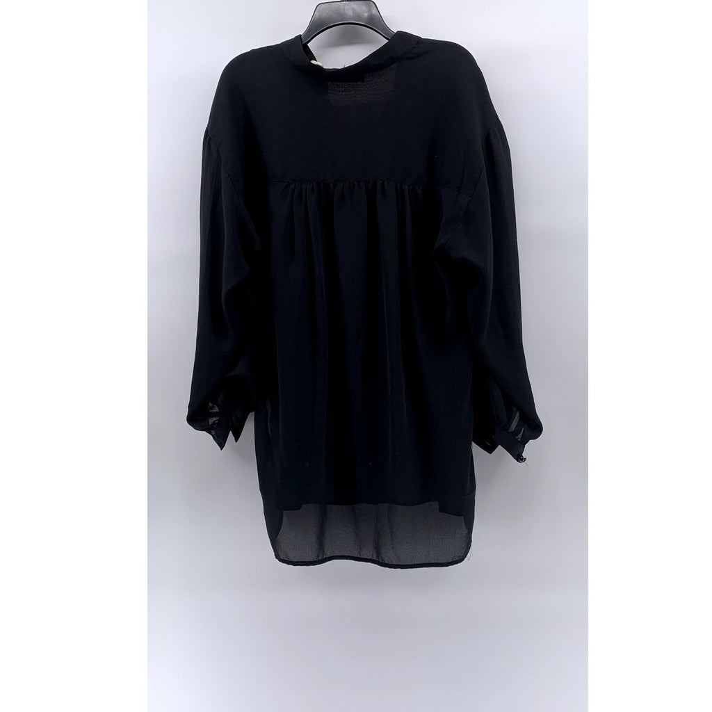 CHAUS Women's Black Sheer Button-Up Long Sleeve Tunic Top SZ 10