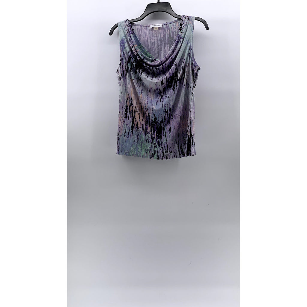CALVIN KLEIN Women's Purple-Blue Printed Cowl Neck Sleeveless Top SZ M