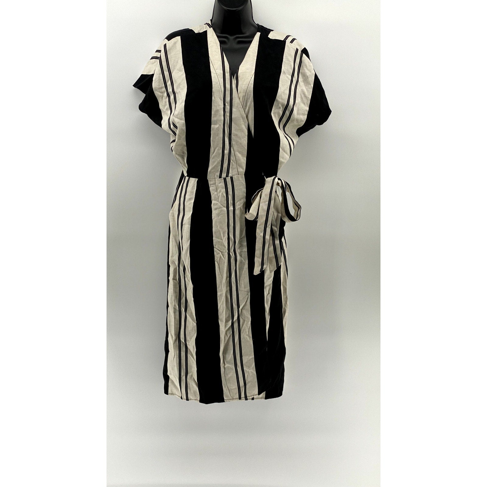 TOPSHOP Women's Black-Beige Striped Short Sleeve Knee-Length Wrap Dress SZ 6