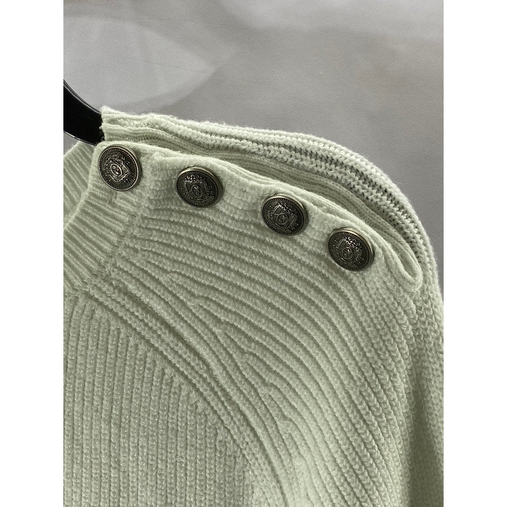UNBRANDED Women's White-Black Striped Knit Button-Detail Wool-Blend Sweater SZXL