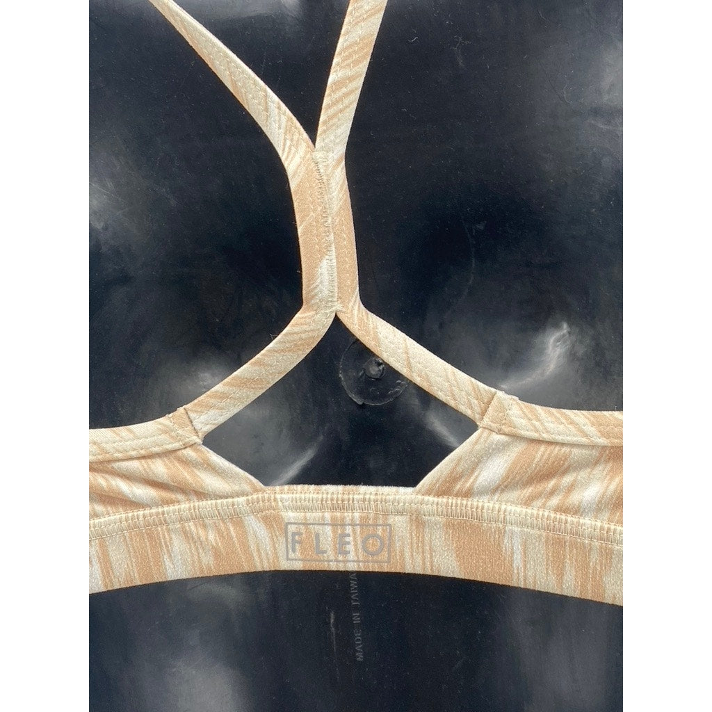 FLEO Women's Tan-White Printed V-Neck Racerback Spaghetti Strap Sports Bra SZ S