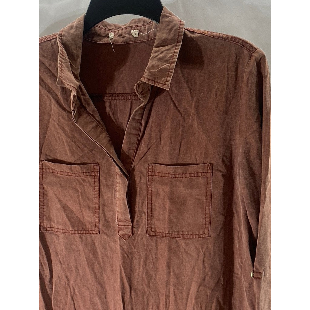 UNBRANDED Women's Burnt Orange Roll-Tab Long Sleeve Relaxed-Fit Henley Dress SZS