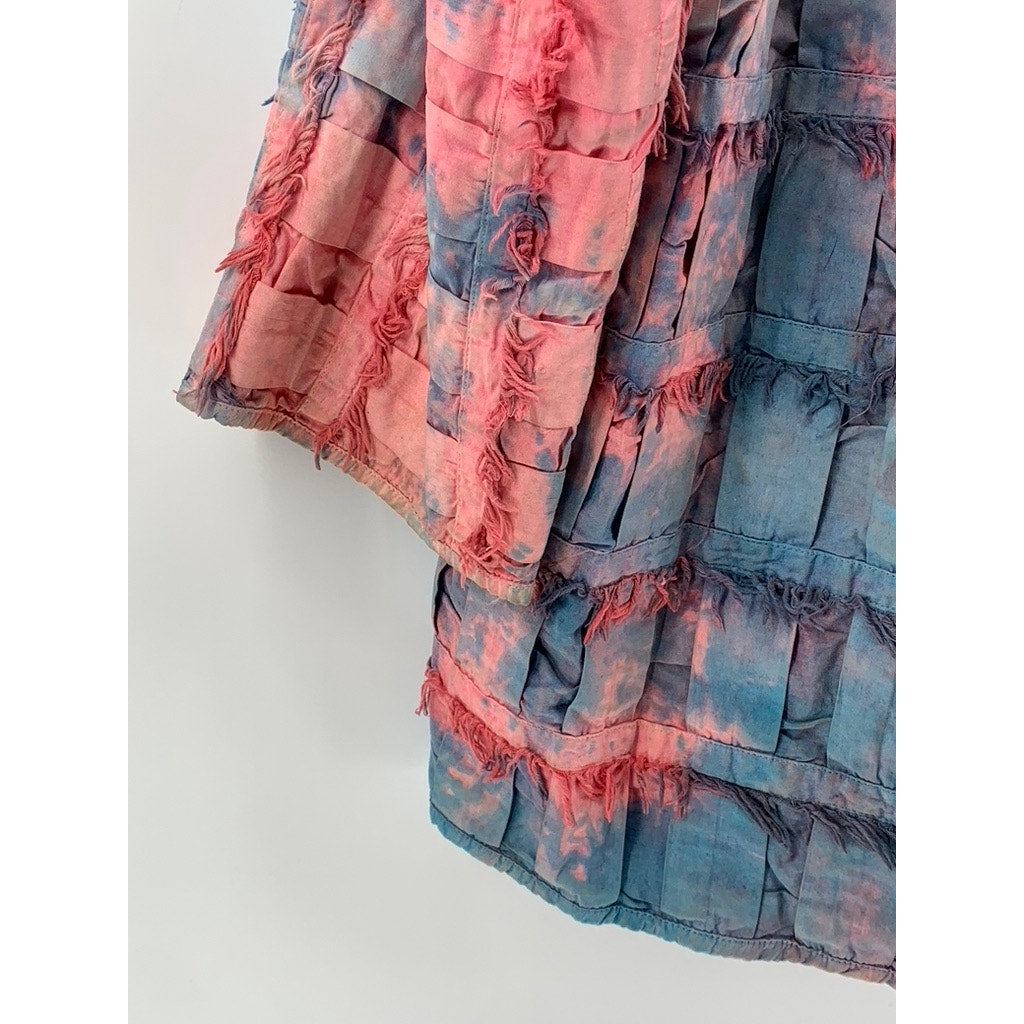 YAKMAGIK Women's Blue-Pink Textured Fringe Long Sleeve Open-Front Shirt SZ OS