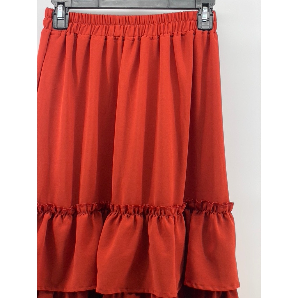 UNBRANDED Women's Orange Tiered Pull-On Pocketless A-Line Midi Skirt SZ S