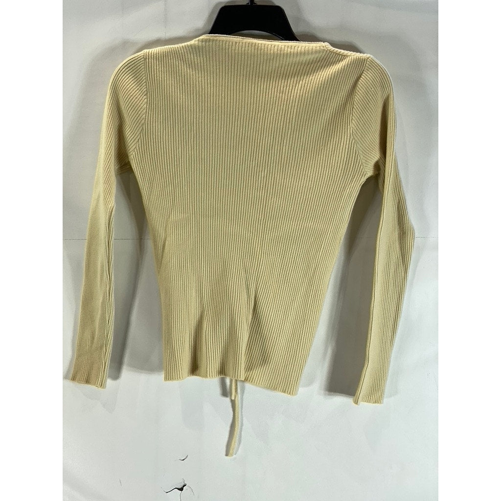 UNBRANDED Women's Beige Ribbed V-Neck Cinched Long Sleeve Top SZ S