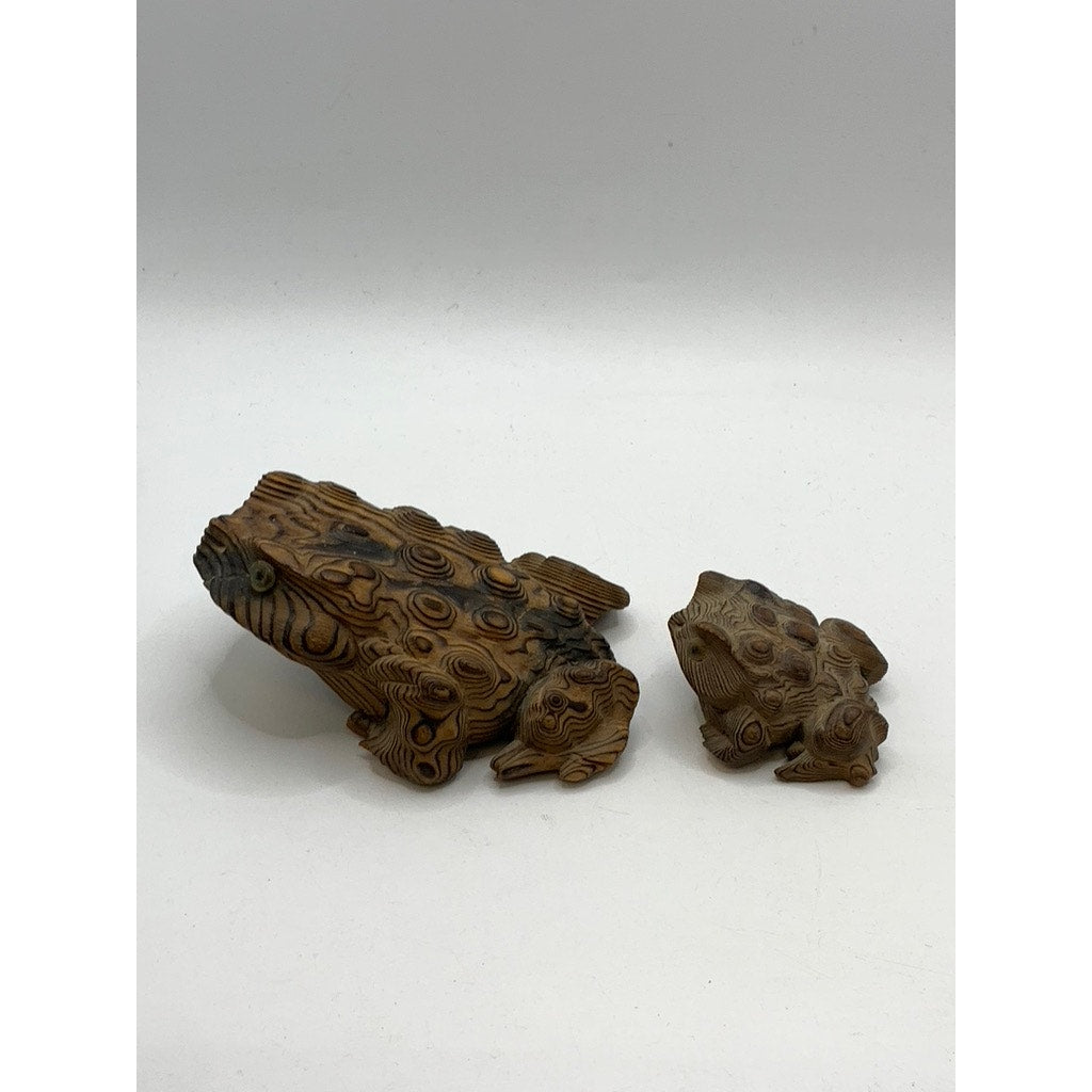 VINTAGE Brown Japanese Wood Carved Toad Set