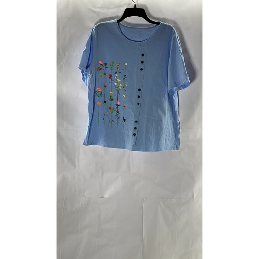 UNBRANDED Women's Blue Floral Snap-Button Crewneck Short Sleeve Top SZ 3XL