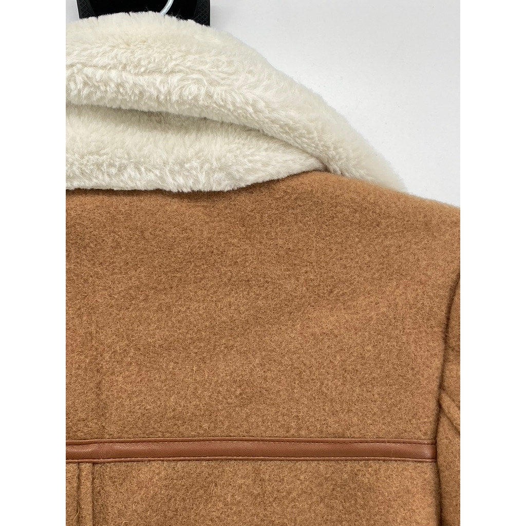 NVLT Women's Tan-White Sherpa Lined Zip-Up Brushed Melton Wool-Blend Jacket SZ S
