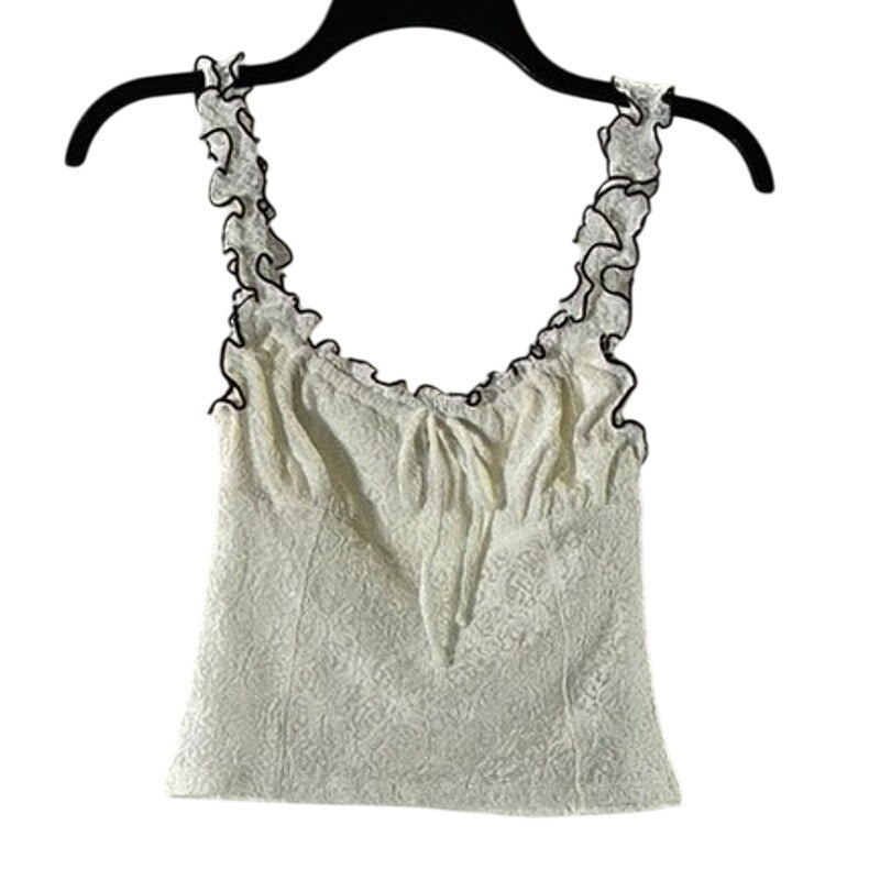 URBAN OUTFITTERS Women's White/Black Lettuce-Trim Floral Lace Tie-Front Top SZ S