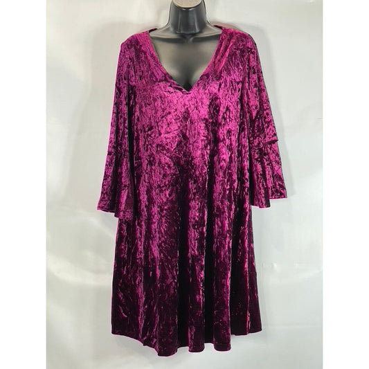 ELIZA J Women's Magenta Crushed Velvet V-Neck Bell Sleeve Mini A-Line Dress SZ16