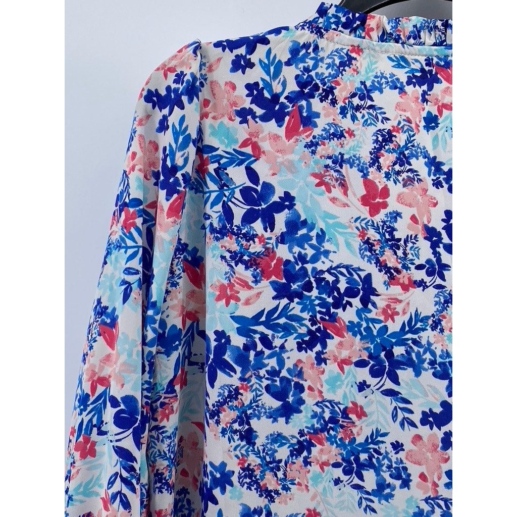 TALBOTS Women's Blue Floral Print Long Sleeve Henley Collar Shirt SZ XS