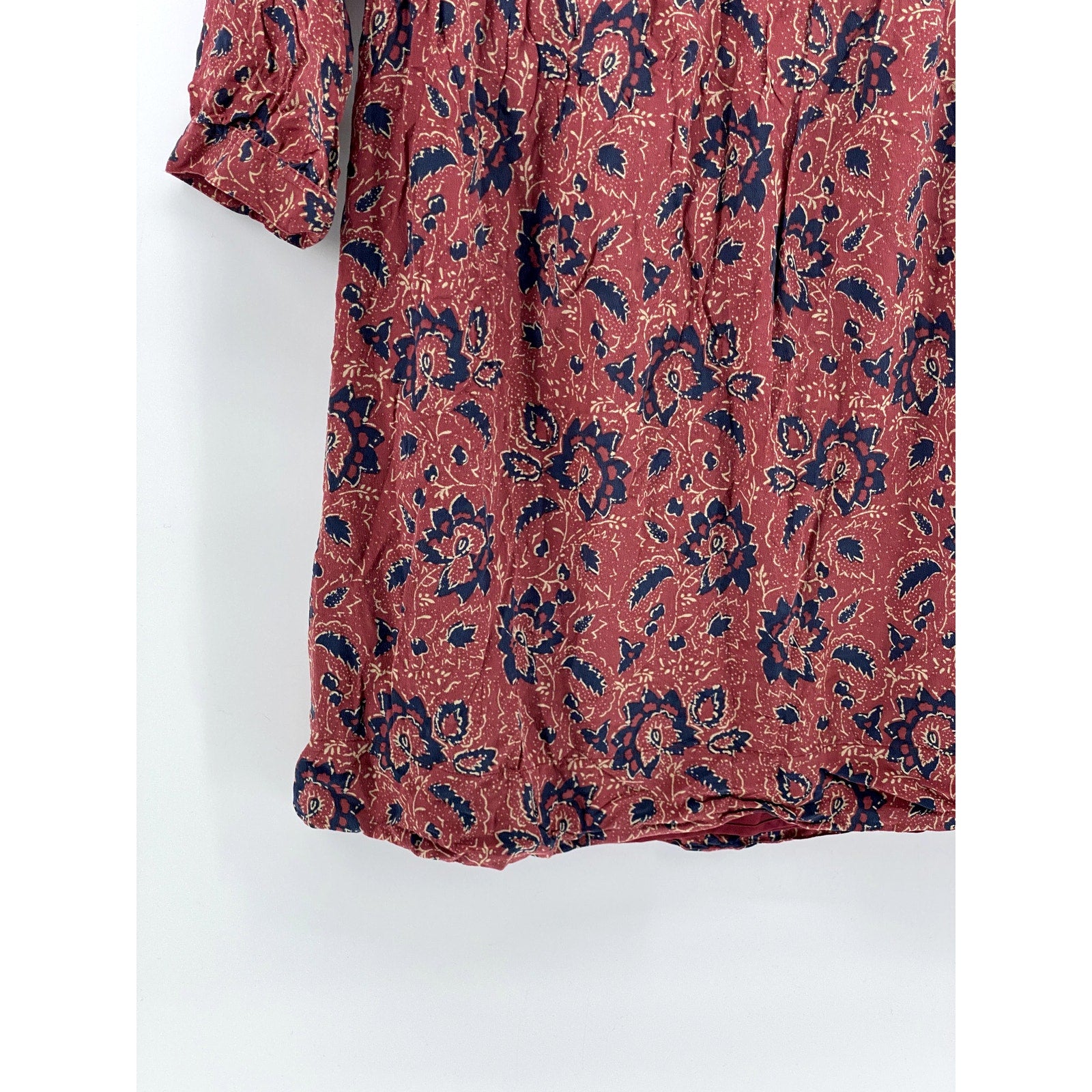 MADEWELL Women's Red Floral Silk Lace-Up V-Neck Long Sleeve A-Line Dress SZ S