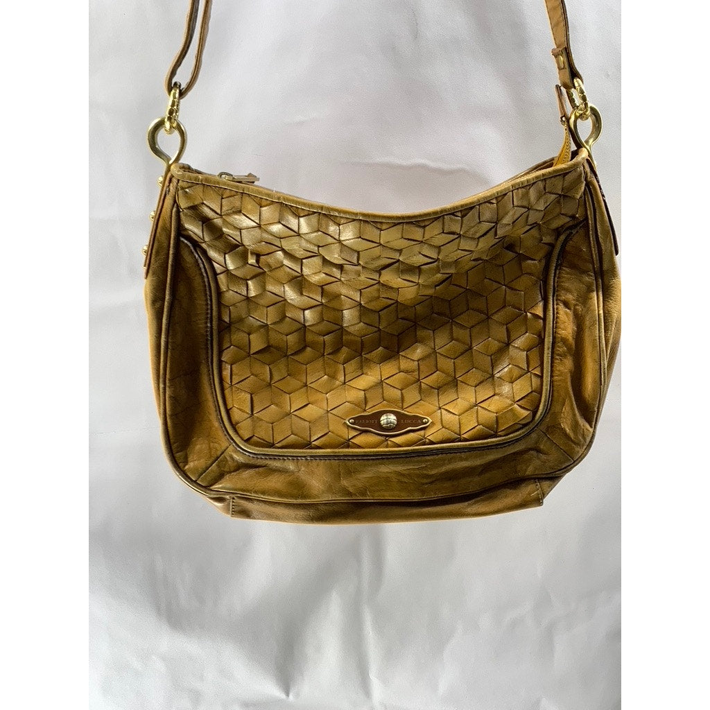 ELLIOTT LUCCA Women's Brown Leather Woven Flap Shoulder Crossbody Bag