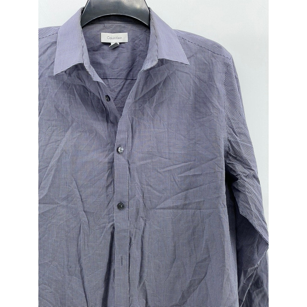 CALVIN KLEIN Men's Blue Micro-Check Regular-Fit Button-Up Long Sleeve Shirt SZ M