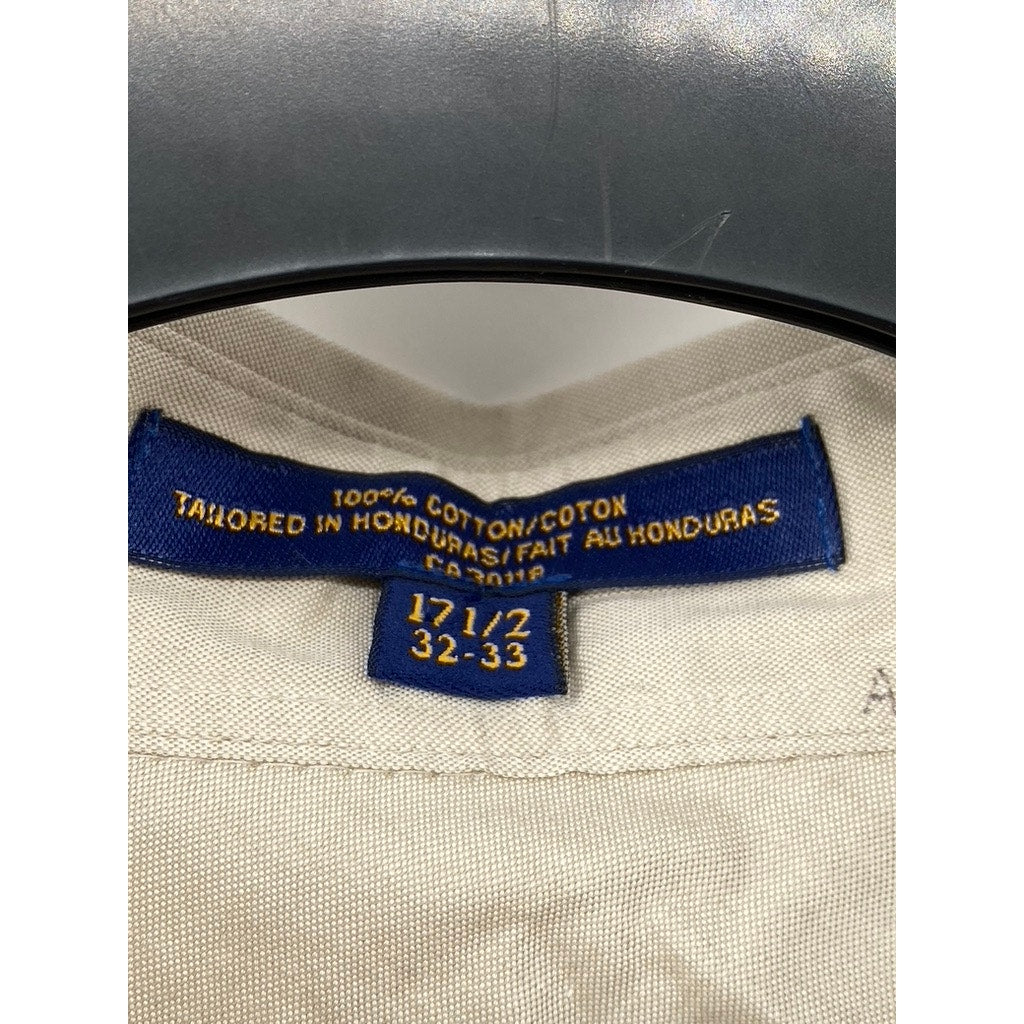 TOMMY HILFIGER Men's Beige Vintage Solid Button-Up Long Sleeve Shirt SZ 17 1/2