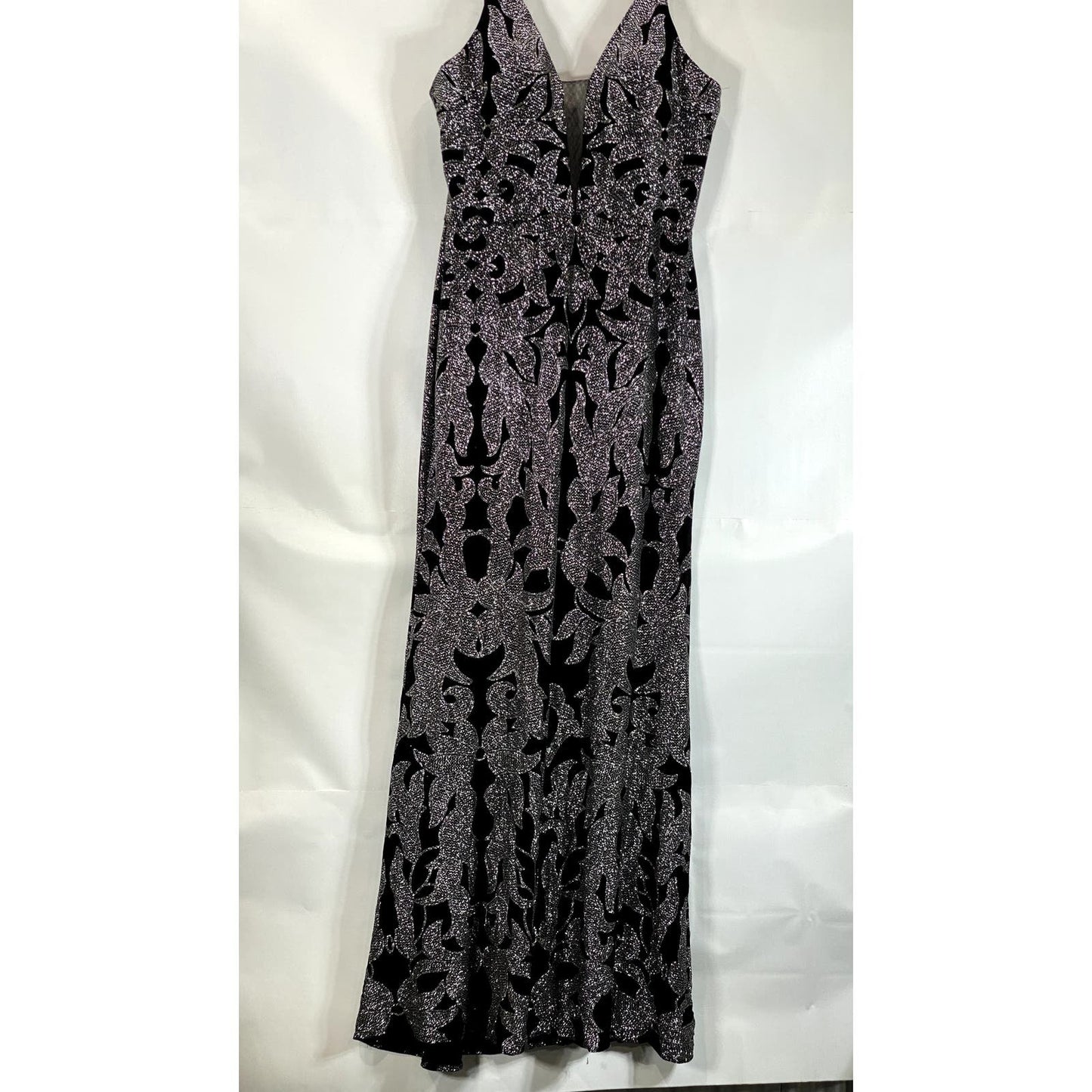 B&A By BETSY & ADAM Women's Black/Gunmetal Glitter-Print Mesh V-Neck Gown SZ 14