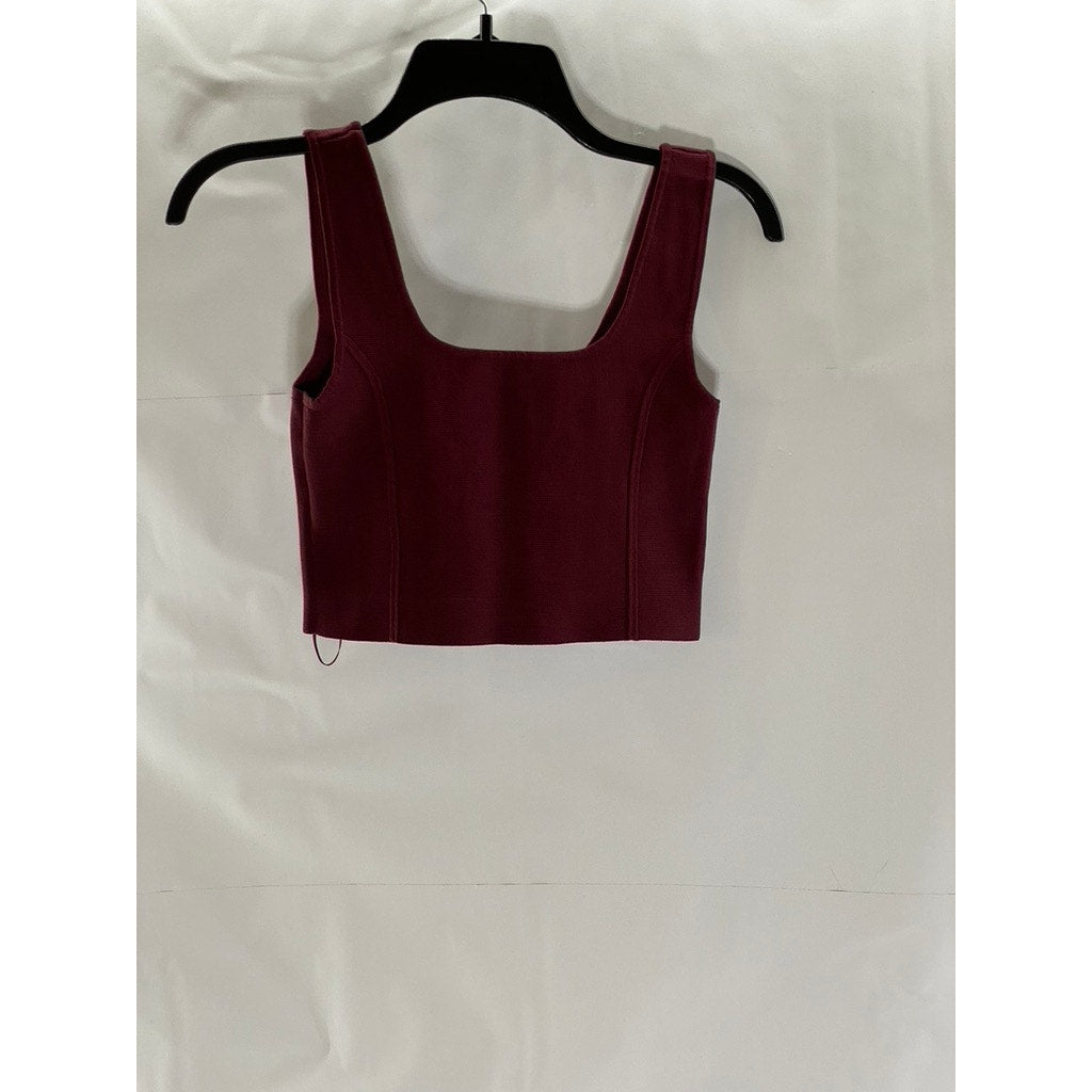 ZARA Women's Burgundy Textured Square-Neck Thick Strap Fitted Crop Top SZ S