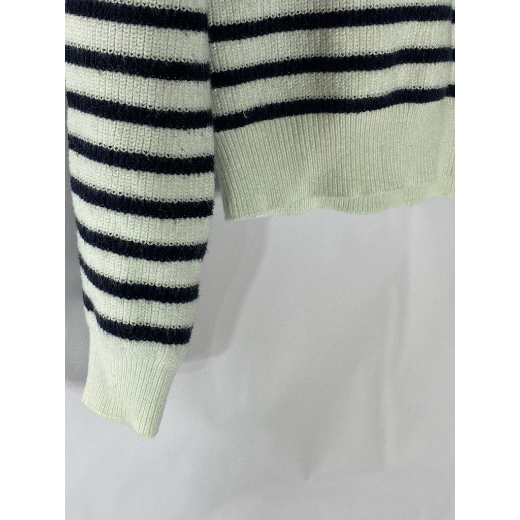 UNBRANDED Women's White-Black Striped Knit Button-Detail Wool-Blend Sweater SZXL