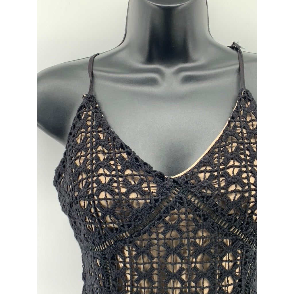 J.O.A LOS ANGELES Women's Black-Beige Spaghetti Strap V-Neck Crochet Dress SZ XS