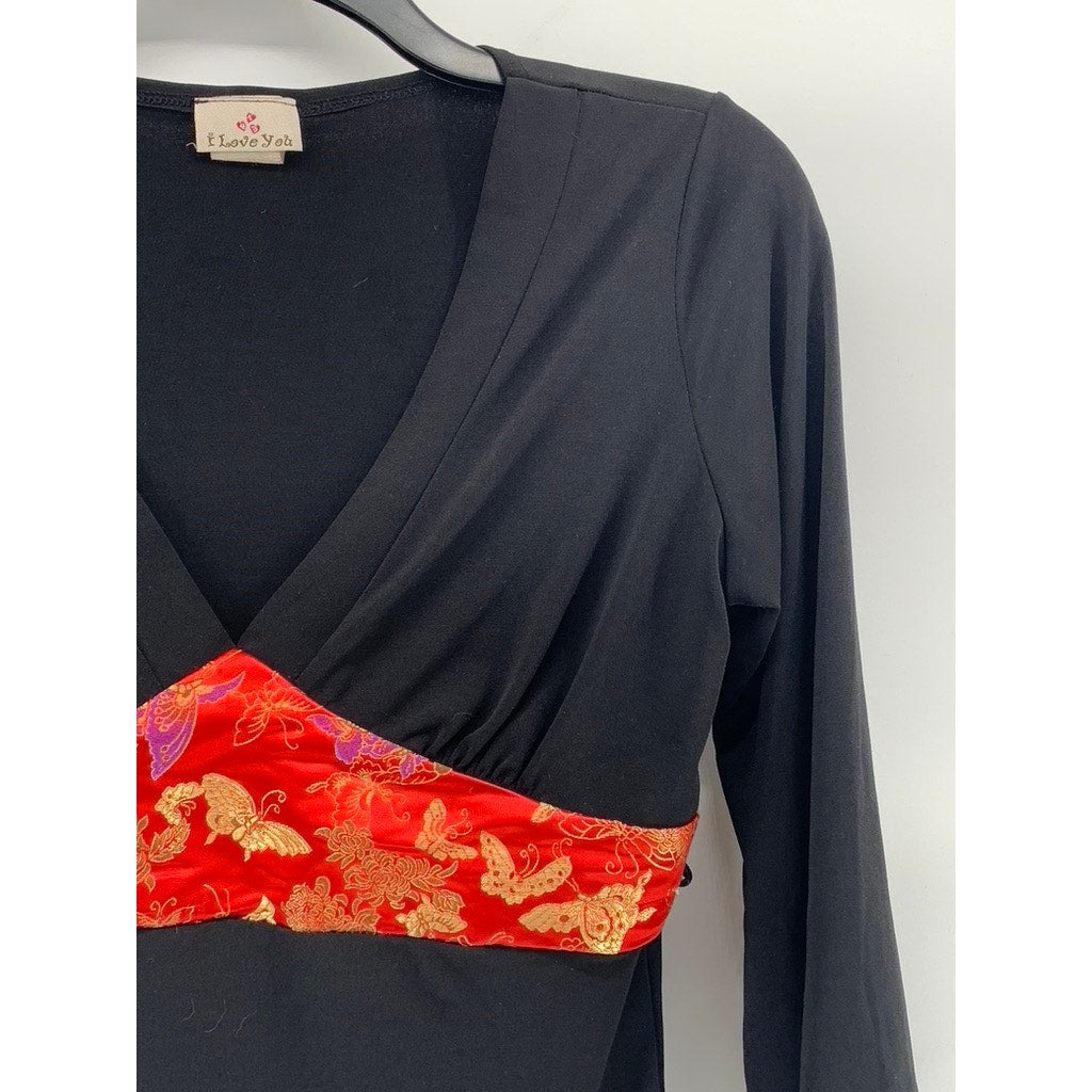 I LOVE YOU Women's Vintage Black-Red Printed Waistband V-Neck Cropped Top SZ M