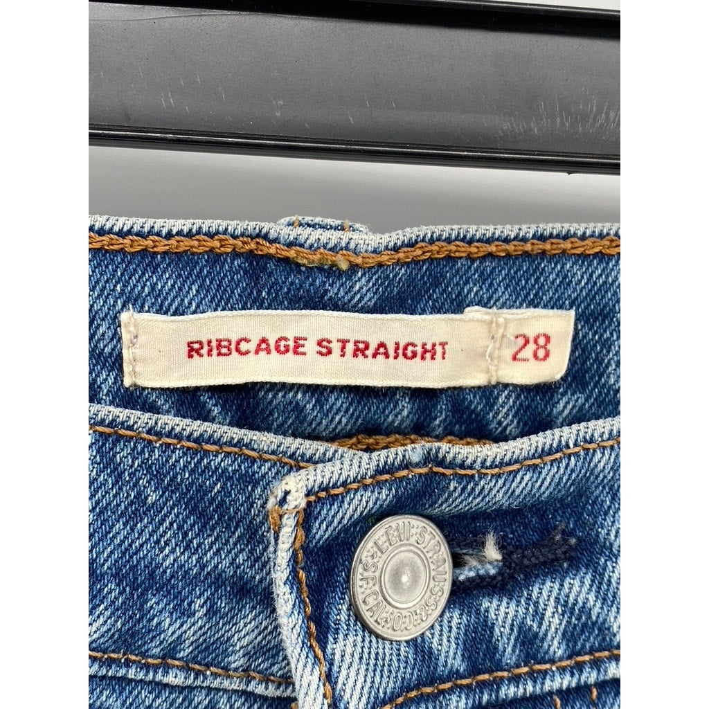 LEVI'S Women's Medium Blue Distressed Ribcage Straight Button-Fly Jeans SZ 28