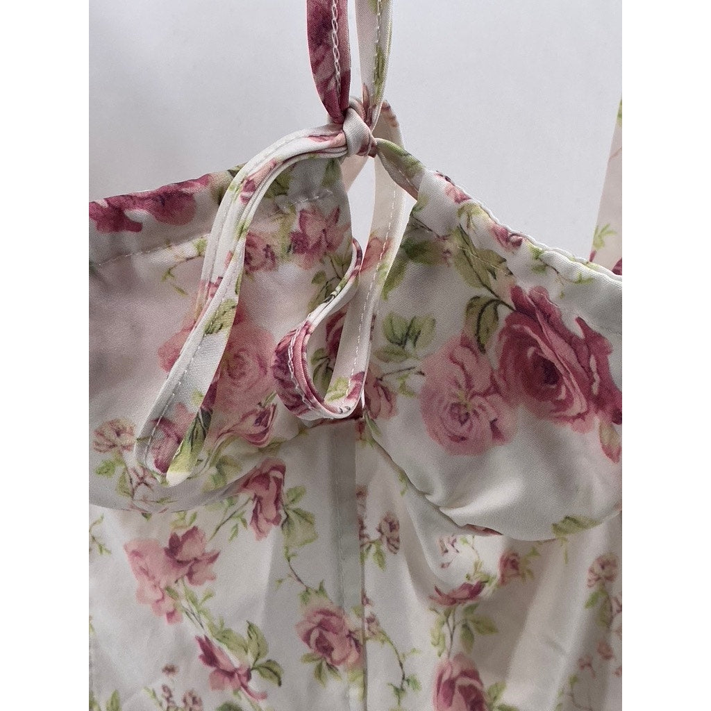 UNBRANDED Women's White-Pink Floral Sweetheart-Neck Side Slit Maxi Dress SZ M