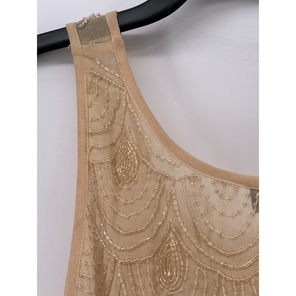 TOPSHOP Women's Beige Beaded Scoop-Neck Sheer Sleeveless Top SZ 6