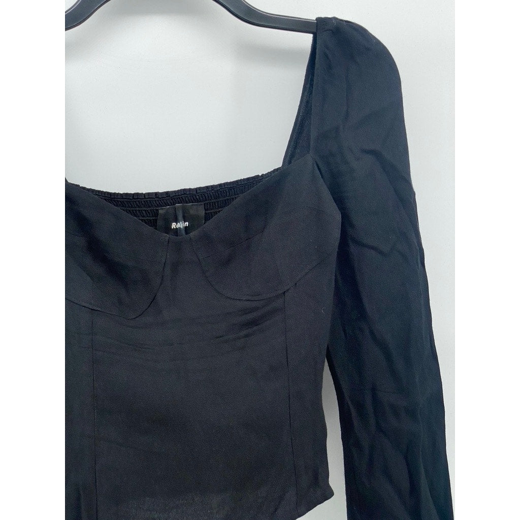 REFORMATION Women's Black Sweetheart Neck Long Puff Sleeve Smocked Top SZ 0