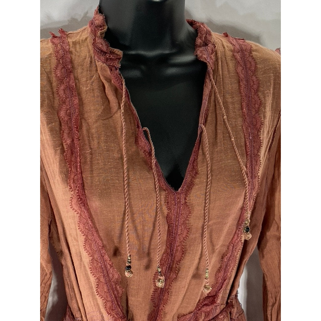 UNBRANDED Women's Burnt Orange Lace-Trim V-Neck Tiered Tie-Waist Midi Dress SZ S