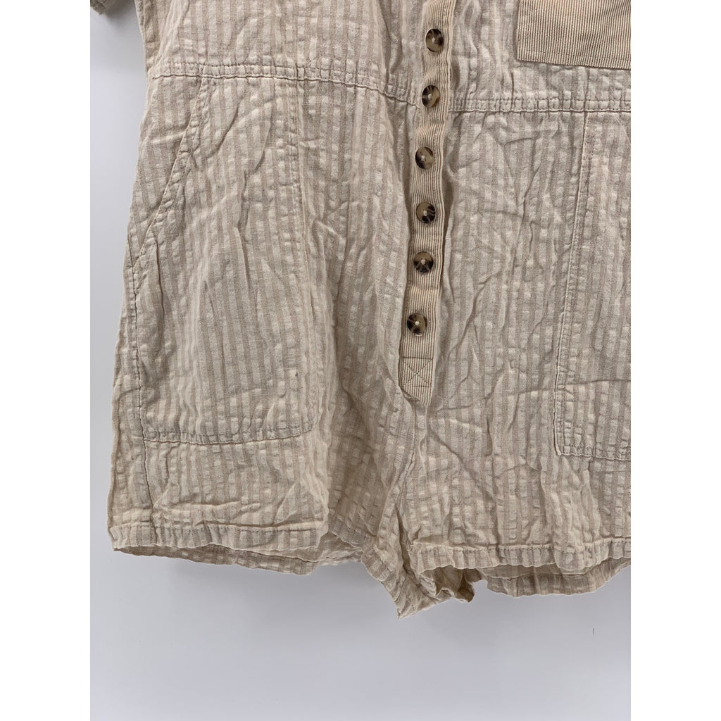 BDG Women’s Beige Seersucker Striped Button-Up Short Sleeve Relaxed Romper SZ M