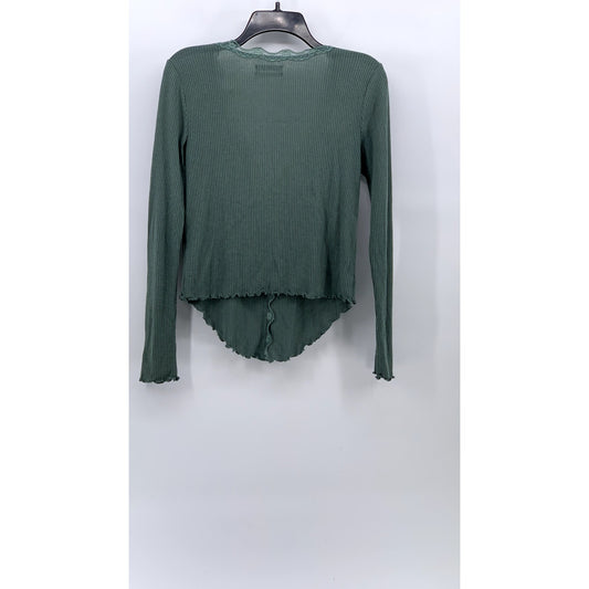 URBAN OUTFITTERS Women's Dusty Green Ribbed Lace-Trim Button-Down Top SZ M