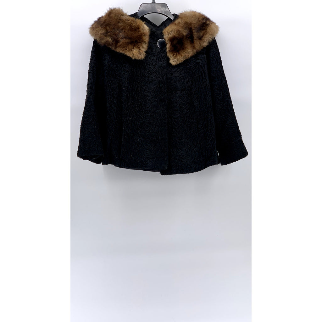 UNBRANDED Women's Black Textured Faux-Fur Collared Single Button Coat SZ M