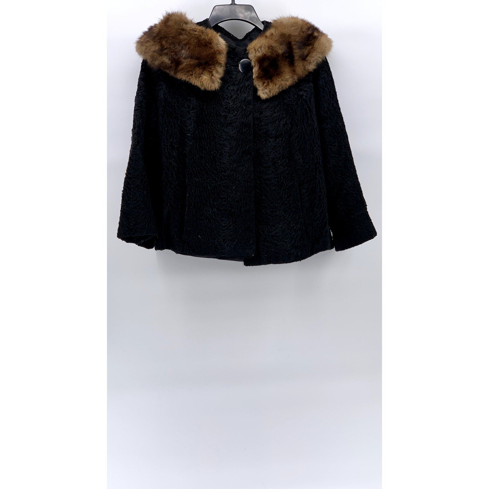 UNBRANDED Women's Black Textured Faux-Fur Collared Single Button Coat SZ M