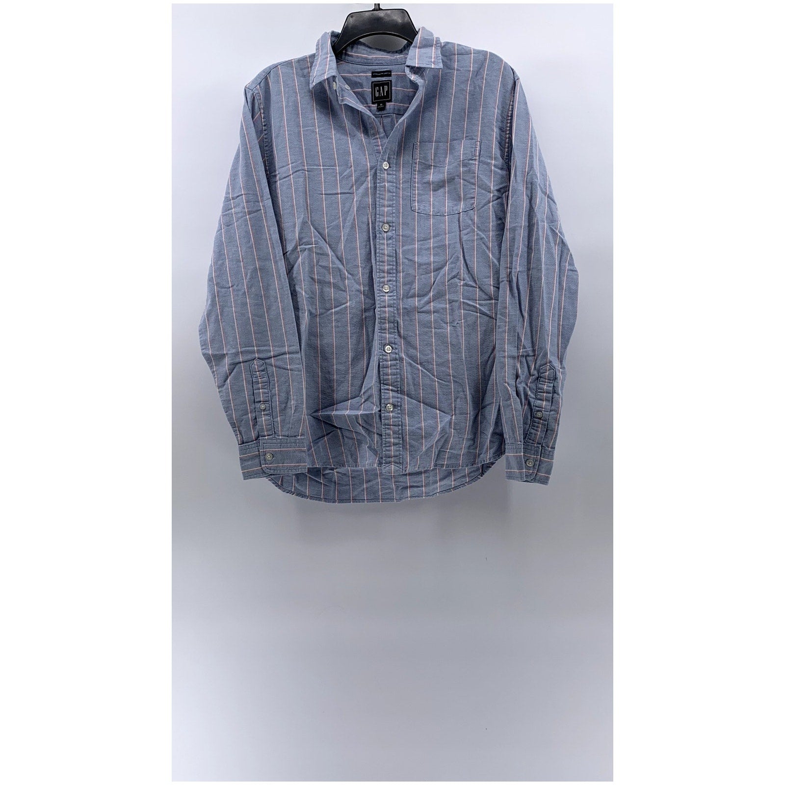 GAP Men's Blue-Pink Striped Standard-Fit Stretch Button-Up Oxford Shirt SZ M